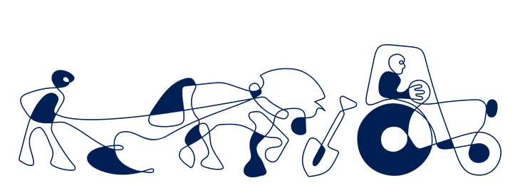 Logo til Kulturlandskapsprisen, logoen består av en person med redskap, hest, spade og en person i en traktor