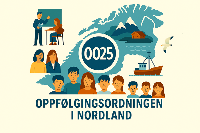 ki generert illustrasjon med nordnorge i bakgrunnen, lærer og elev, voksne og barn. I en sirkel i midten står OO25