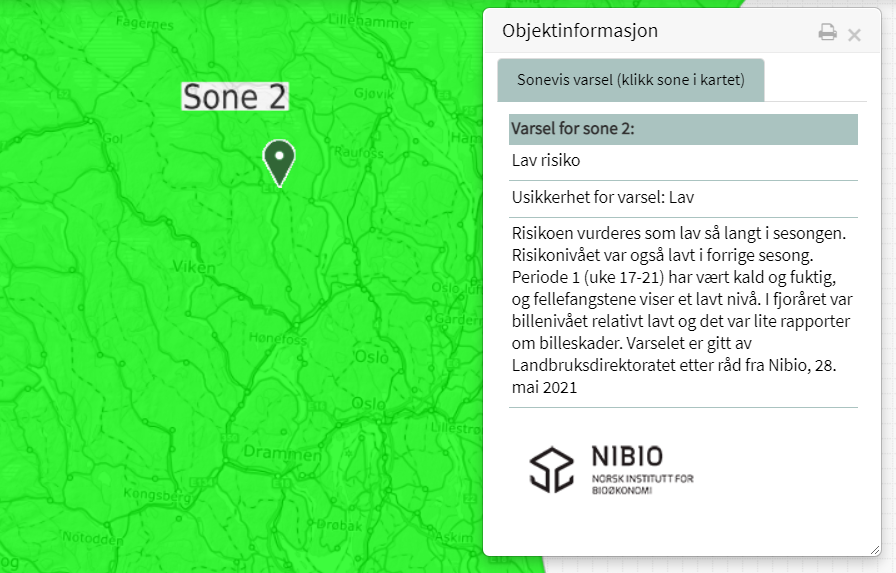 Varsel som viser risiko for barkbilleutbrudd i de ulike sonene i barkbilleoverv&aring;kingen