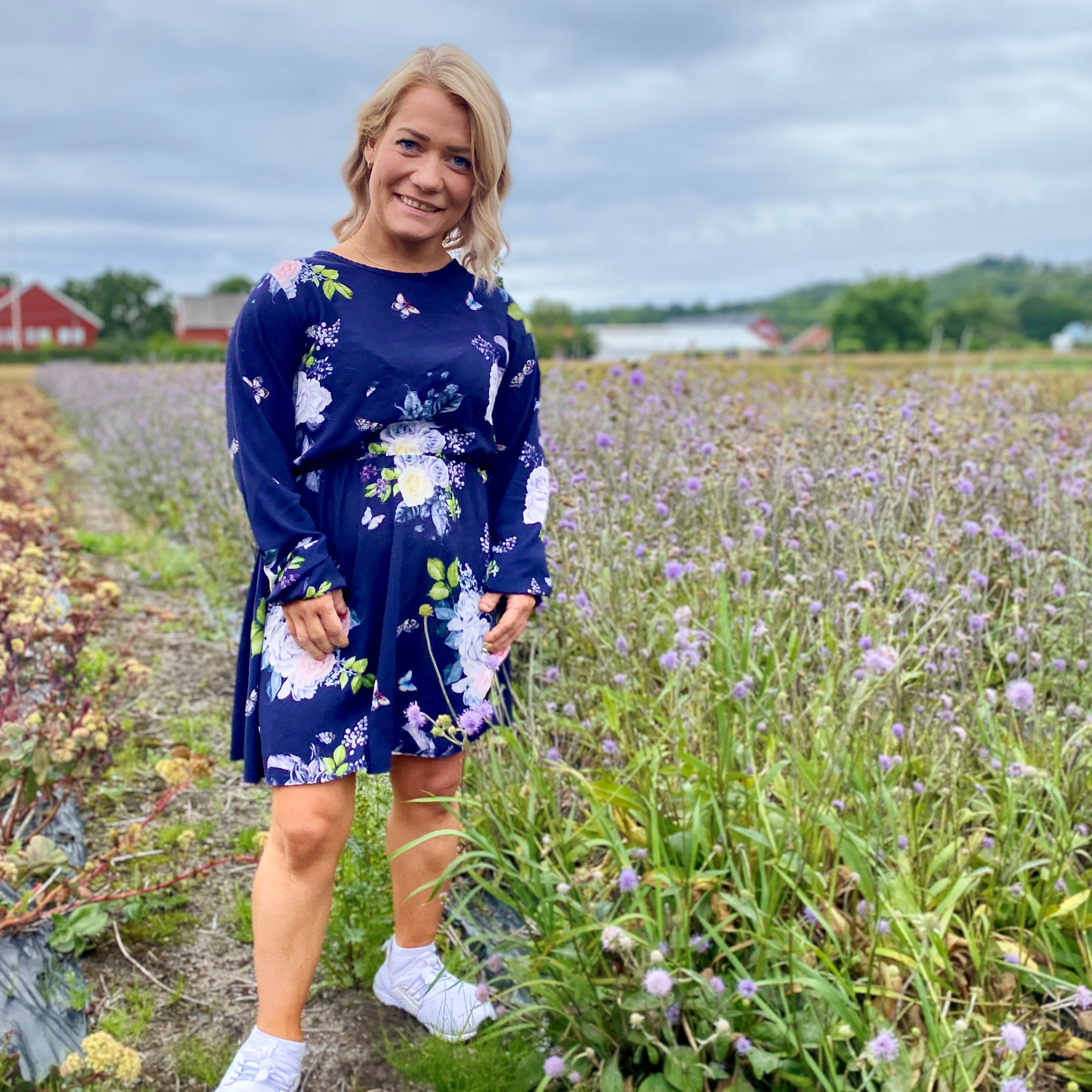 Statsråd Sandra Borch fikk blant annet se frøproduksjon av blåknapp til pollinatorvennlig blomstereng hos NIBIO Landvik.