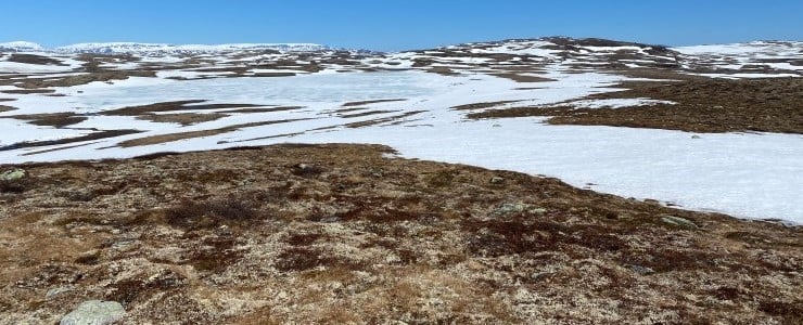 Slik såg det ut ved Vetle Skiftesjøen ved Dyranut i Eidfjord den 29. mai i år, med Hardangerjøkulen i bakgrunnen. Snømengdene var ganske like det som var tilstanden 1. juni 1981, då nasjonalparken vart oppretta. 