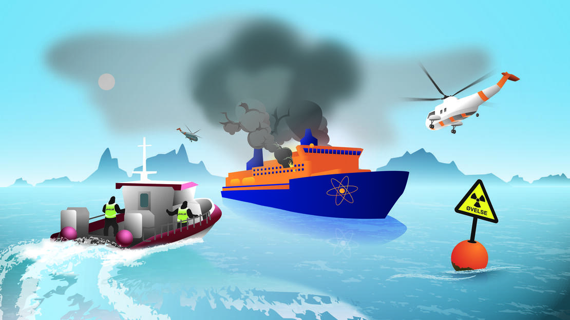 Illustrasjon som viser skip, helikopter og redningsskøyte