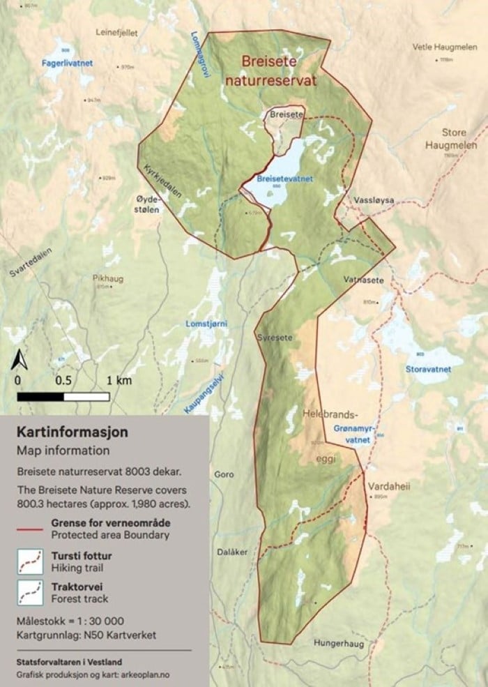 Kartet viser utbreiinga av Breisete naturreservat som er 8003 dekar stort. 