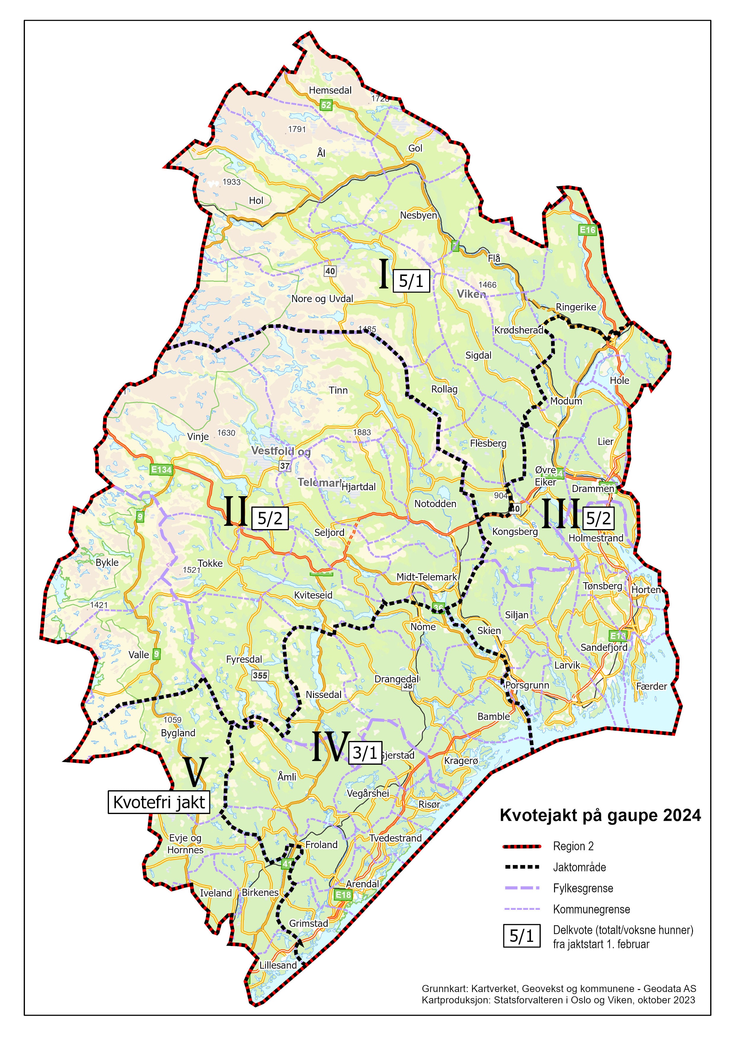 Kart som viser jaktområdene for gaupe i rovviltregion 2 med kvoter. 