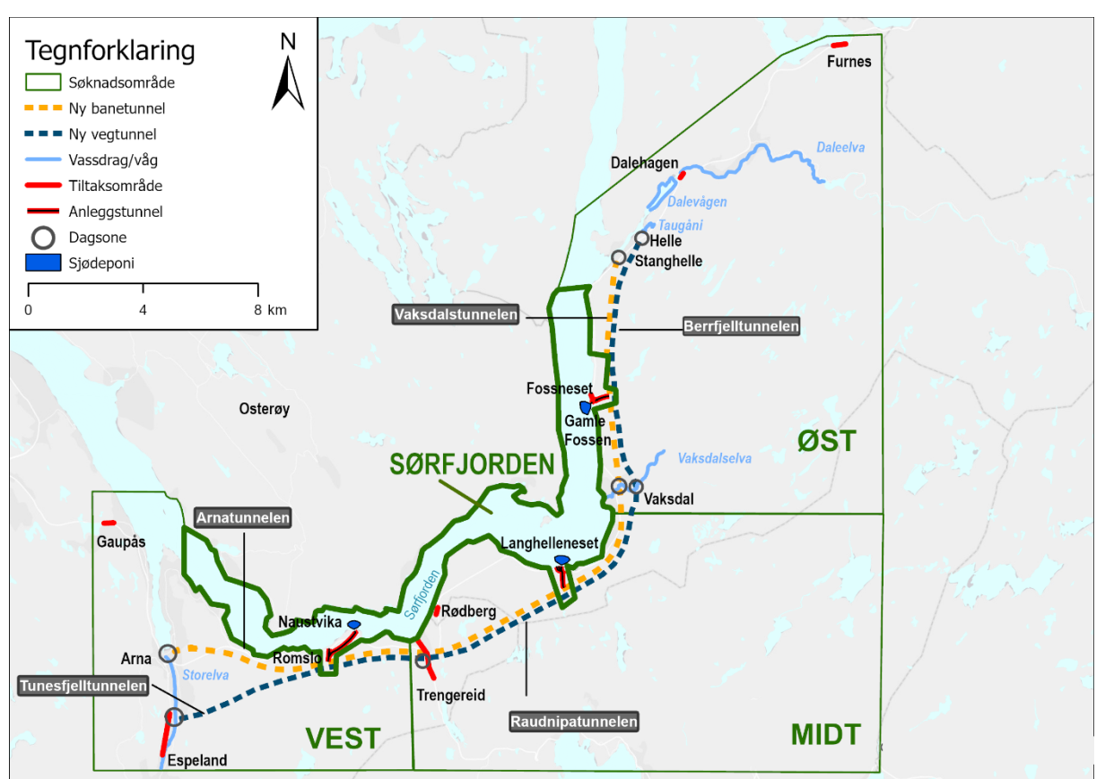 Kart som viser stipla linje på land og markering av eit avgrensa fjordområde