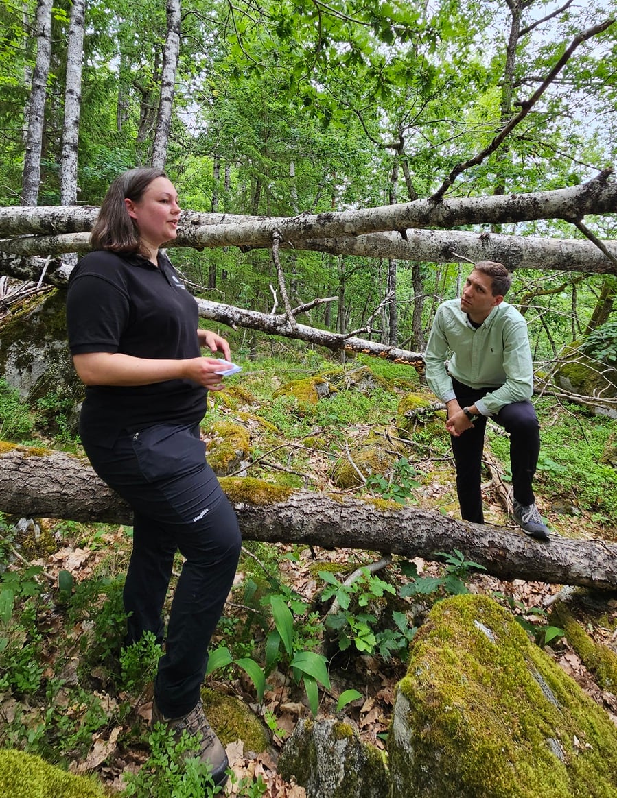 Eleanor M. Charnock fra Statsforvalteren i Agder forteller statsråd Bjelland Eriksen om verneverdier i Morkheia naturreservat