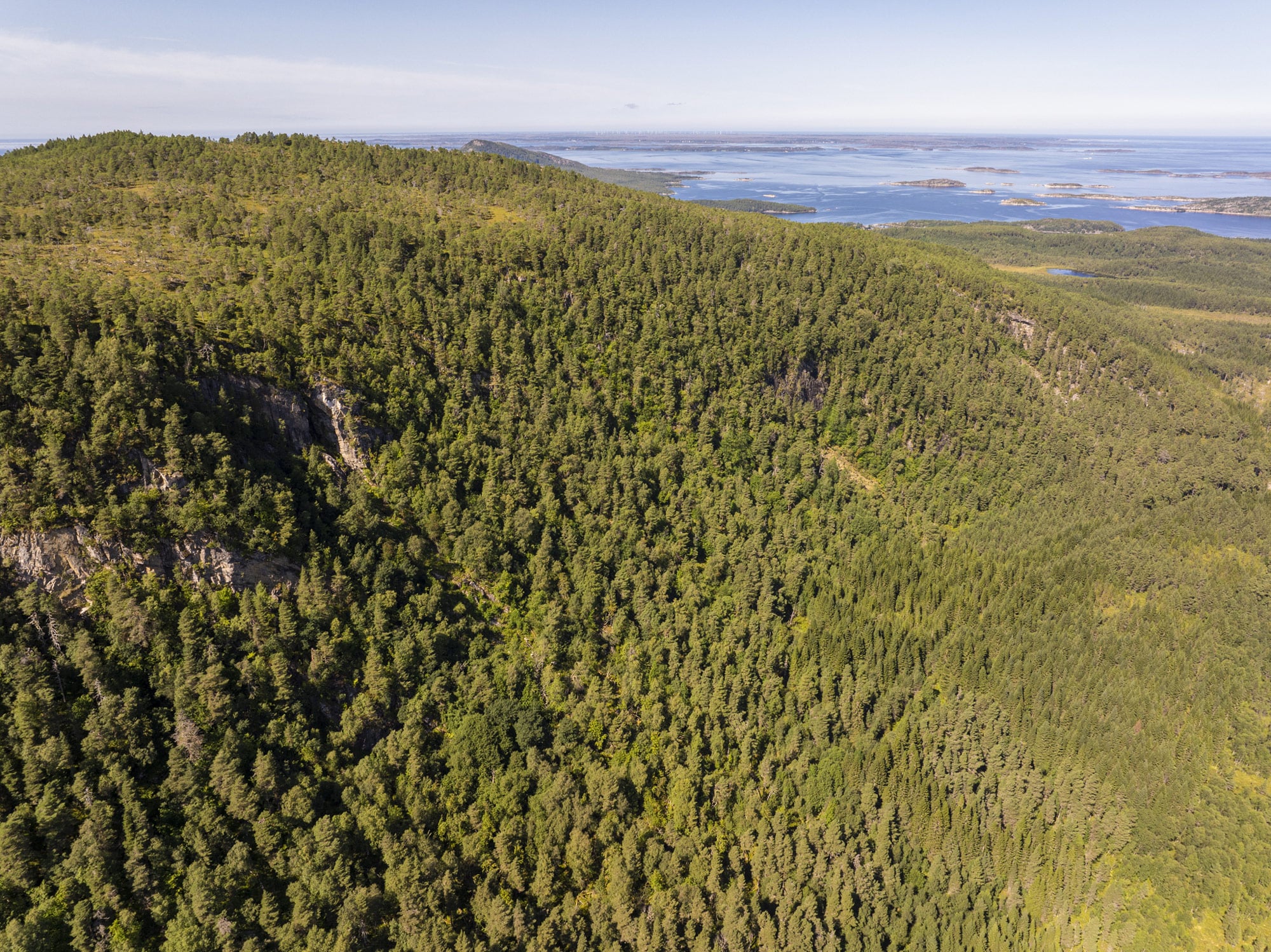 Skogkledd fjell. Blått hav og øyer i bakgrunnen.