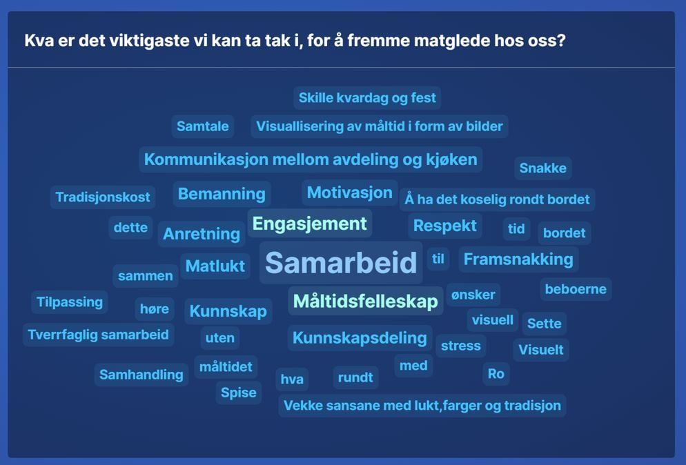Deltakarane vart utfordra til å dele korleis dei vil jobbe med matglede framover. Det monna ut i denne ordskya.