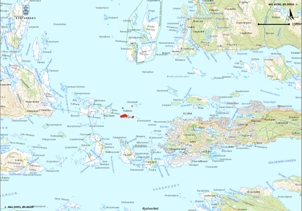 Kartutsnitt med mudringsområde markert i raudt. Når ein mudrar flyttar ein sand og slam på havbotnen frå ein stad til ein annan for å gjere sjøen djupare. 