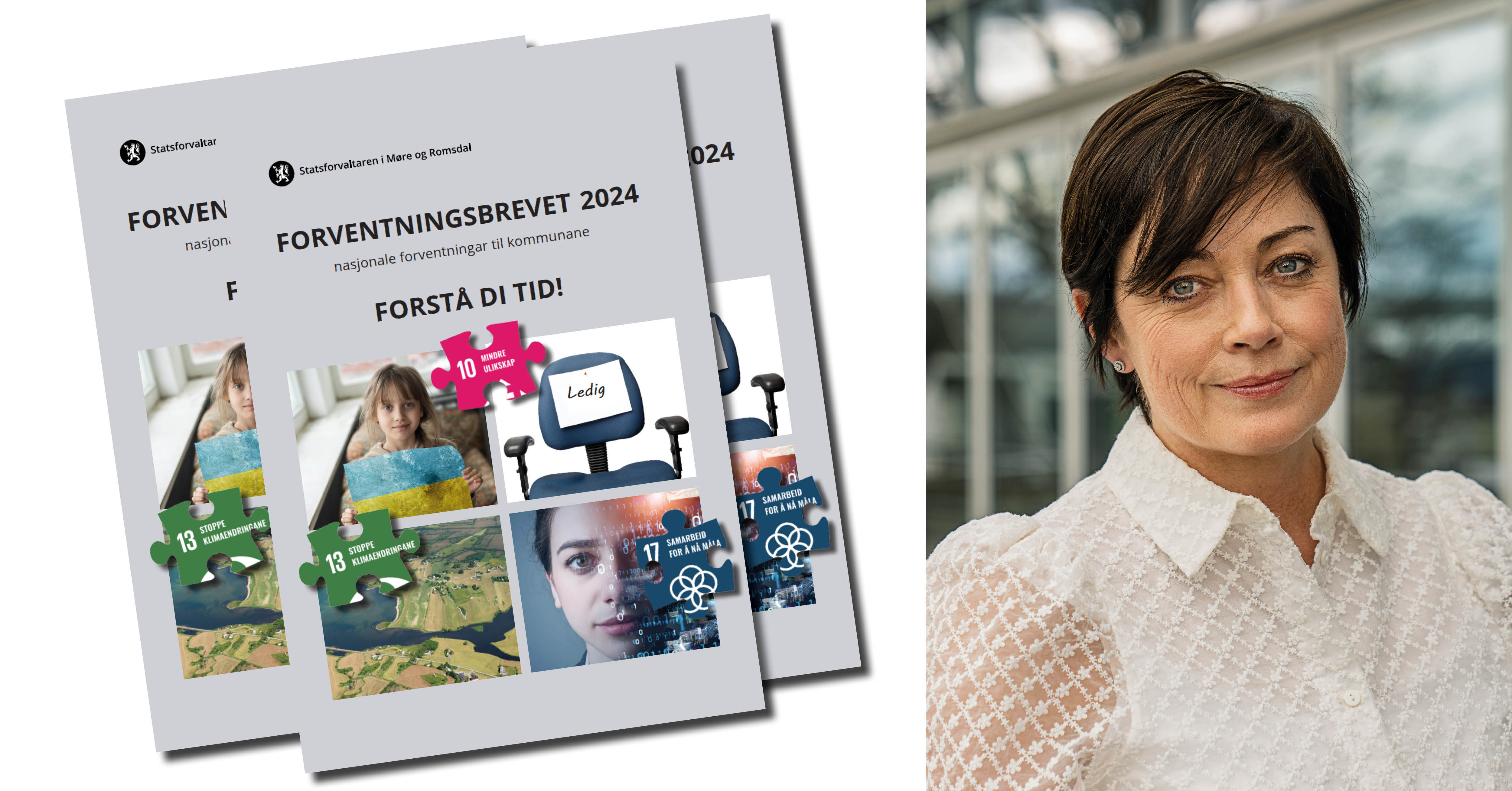 Tre eksemplarer av Forventningsbrevet og portrett av Else-May Norderhus