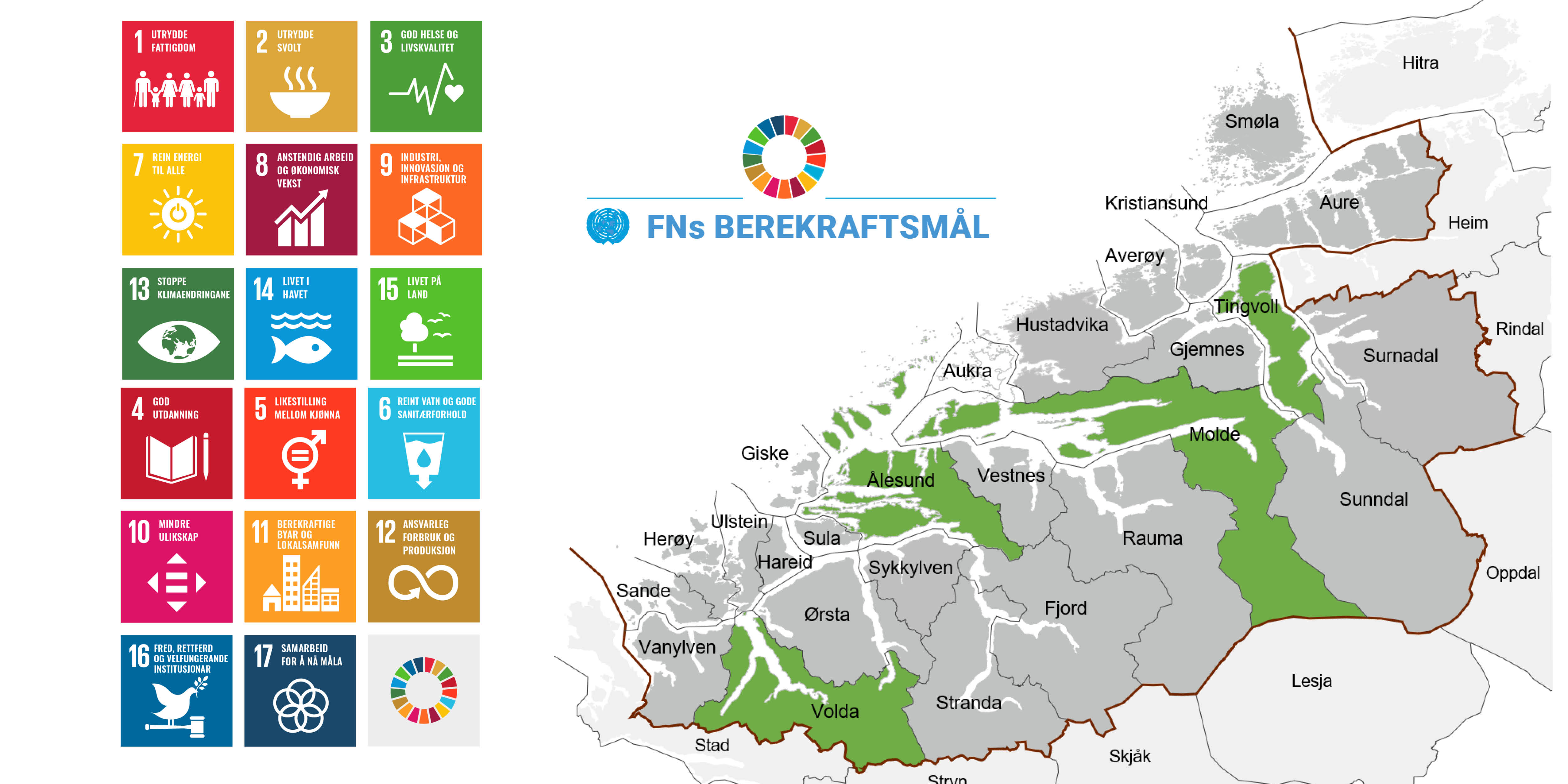 Bilde av berekraftsmål og kart over fylket der Tingvoll, Molde, Ålesund og Volda er markert.