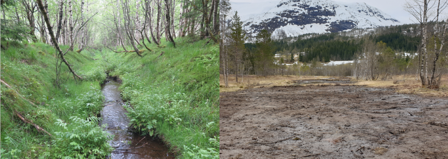 Bilde til venstre med bekk gjennom dyp grøft og bilete til høgre med flat brun jord med fjell i bakgrunnen