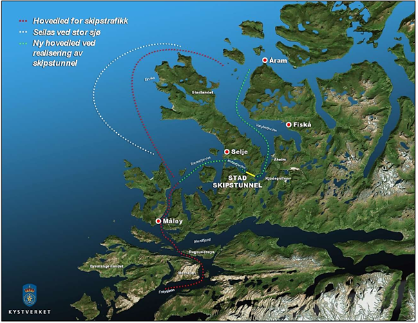 Kart som visar dagens hovudlei (raudt), alternativ lei ved stor sjø (kvitt) forbi Stadlandet, samt ny hovudlei (grønt) gjennom Stad skipstunnel (gult). Stad skipstunnel skal gå mellom Moldefjorden og Kjødepollen i Stad kommune. Denne figuren er henta frå søknaden. Foto: Statsforvaltaren i Vestland.