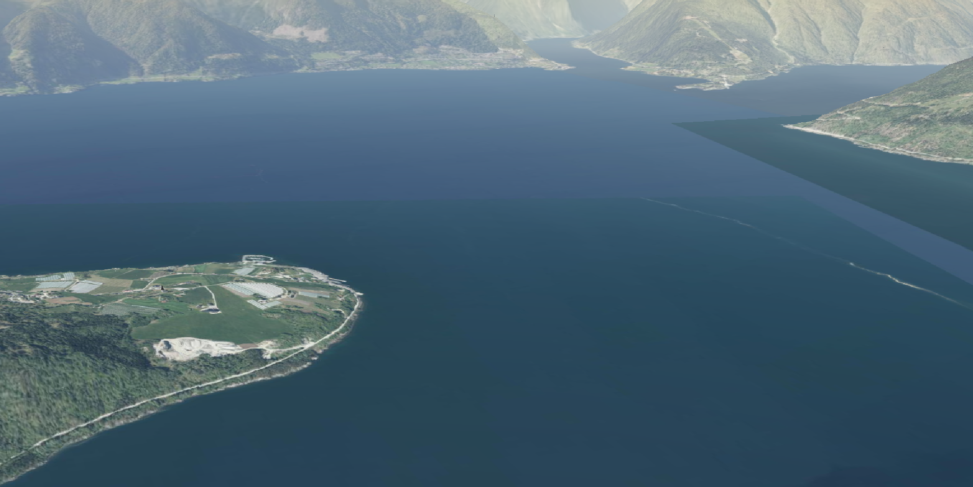 fjord, fjell, trær, vegar, hus