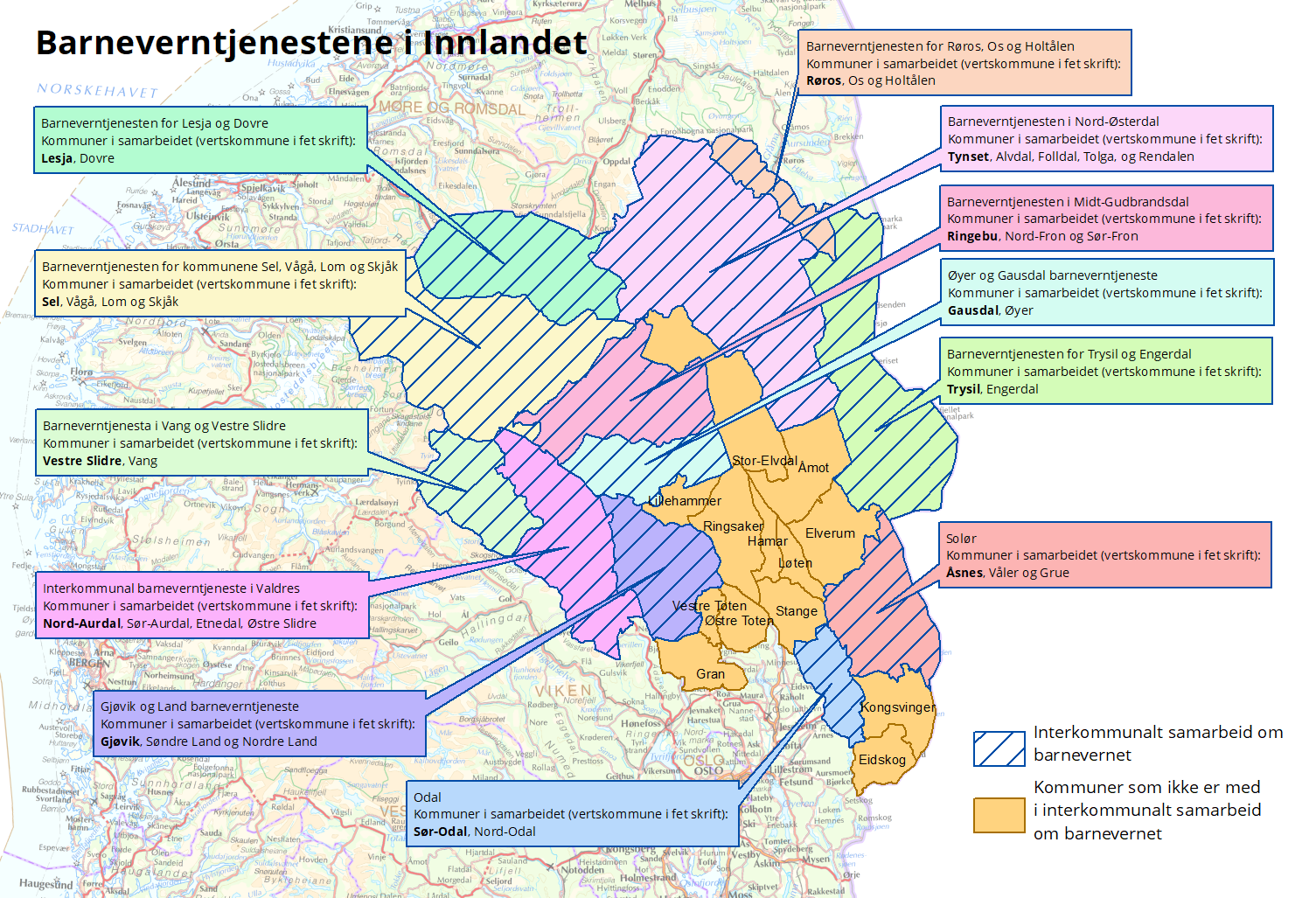 Kart som viser barnevernstjenestene i Innlandet.