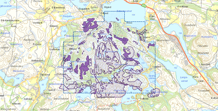 Fig B. Eit d&oslash;me fr&aring; kartlegginga i 2018; berre utvalde naturtypar vert registrert, men heile areal innanfor omr&aring;deomrisset har vore unders&oslash;kt til fots. Dei m&oslash;rkelilla figurane er dei naturtypeareala med sv&aelig;rt h&oslash;g kvaliteten.