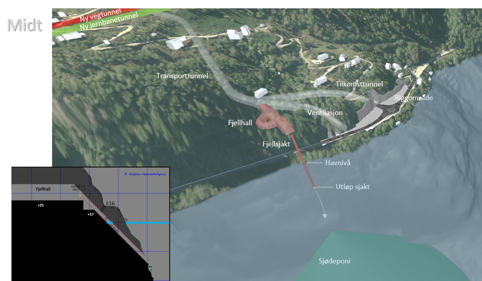 Kart som viser fjellhall og fjellsjakter ut i sjøen
