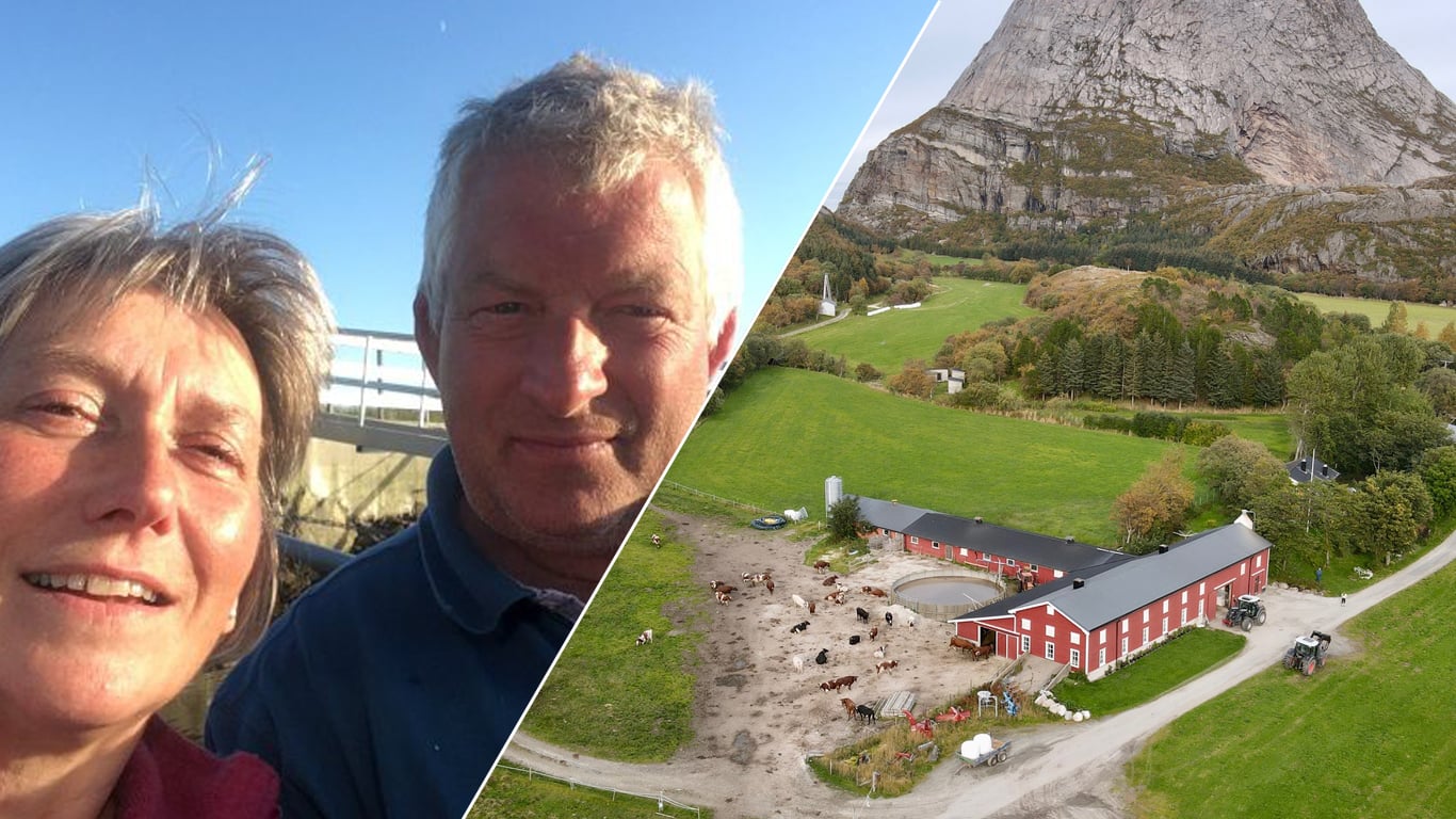 Collage. Bilde en viser nærbilde av mann og kvinne. Bilde to viser driftsbygning på gård omgitt av fjell og grøntarealer.