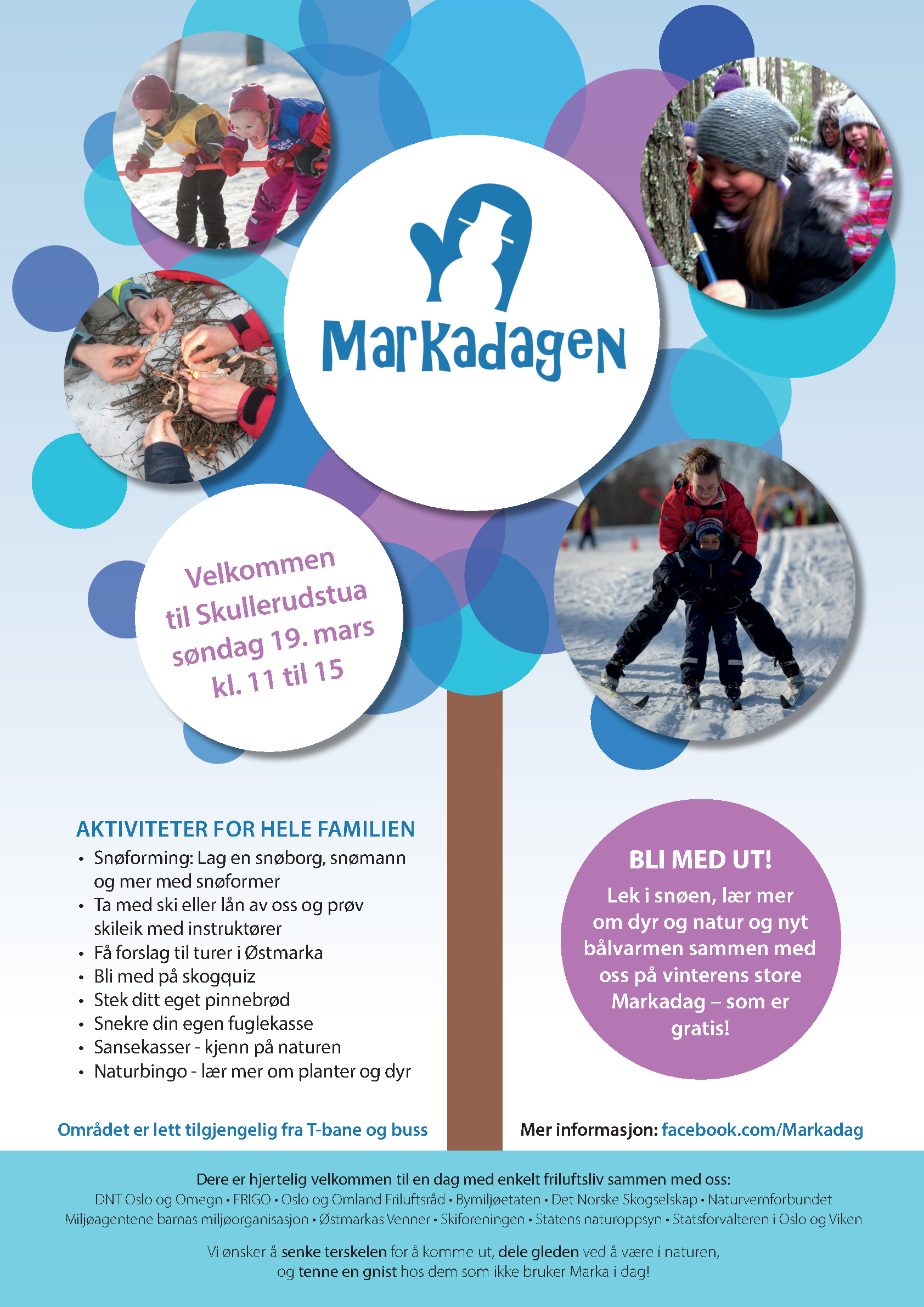 Markadagen inviterer til Skullerudstua søndag 19. mars kl. 11 til 15. Det er bilder av barn som er ute og har det gøy med aking, tenne bål og lek i snøen. 