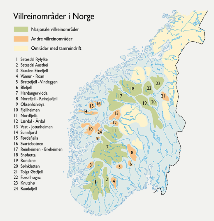 Kart over villreinområder i Noreg med gørne og gyllenbrune områder