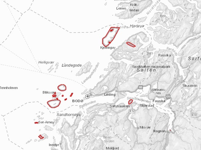 I karttjenesten v&aring;r, Nordlandsatlas, kan du finne oversikt over omr&aring;der med ferdselsforbud. Forst&oslash;rr opp den delen av fylket du er interessert i og sl&aring; p&aring; kartlaget "Ferdselsforbud, Verdensarv" (kryss av i kartslagsliste i h&oslash;yre del av skjermen).