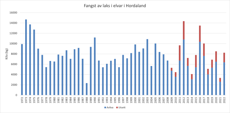 Stolpediagram som viser fangst av laks i vassdrag i Hordaland i perioden 1972 - 2022. Frå 2009 er utsatt fisk inkludert i tala.