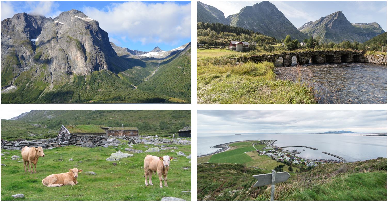 Bilete frå dei fire utvalde kulturlandskapa i Møre og Romsdal. Frå øvst til venstre: Eikesdalen, Hjørundfjorden og Norangsdalen, Fjellgardane i Sunndal og Alnes. 

