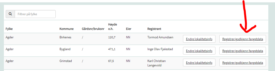 Skjermbilde registrering av fangstdata