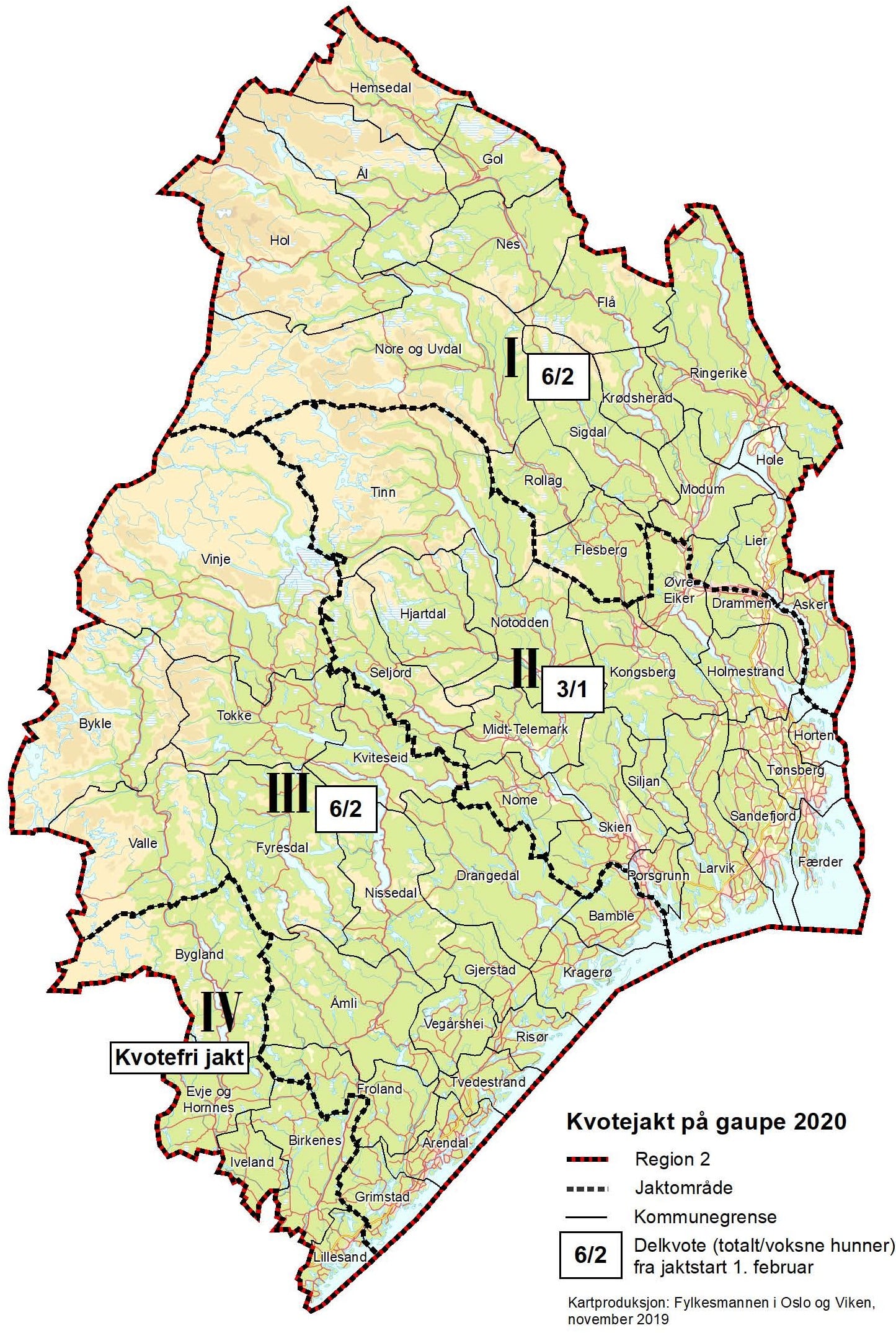 Kart over jaktomr&aring;der med kvoter
