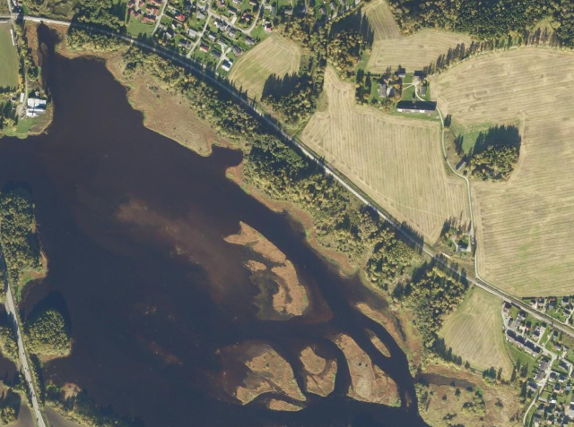 Flybilde av Vidarshov- og Prestegårdstranda 2016 - før restaureringen ble gjennomført.