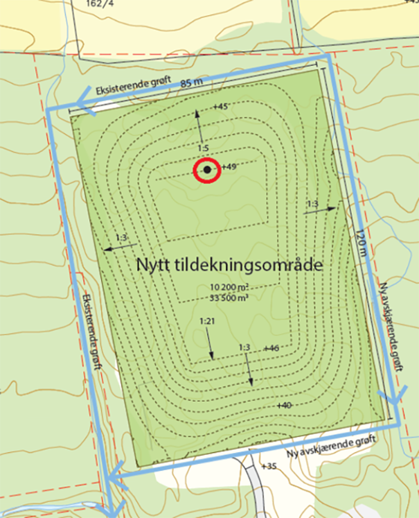 Kart som viser tildekkingsområde med høgdekoter og oksidasjonsvindu markert med raud ring.
