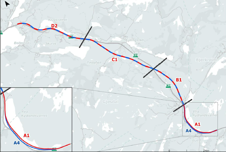 Fra Nye Veier sin planbeskrivelse som viser traseen med to ulike trase-alternativ ved Ytre Kydlandsvannet