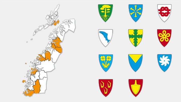 Kart over Nordland hvor kommuner hvor det skal avholdes kommunedialog i 2024 er markert med orange. Kommunevåpen til 11 kommuner er også tatt med.
