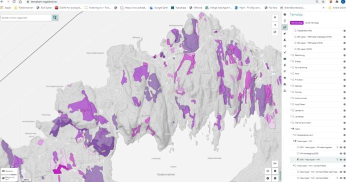 Figur 3. Registrert naturtypar der mørkare farge indikerer høgare lokalitetskvalitet. Lokalitetskvaliteten er basert på tilstanden til lokaliteten og naturmangfaldet på staden