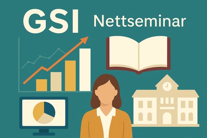 KI generert bilde som sier GSI nettseminar, med grafer, bøker, skolebygg dataskjerm med sirkeldiagram og en dame