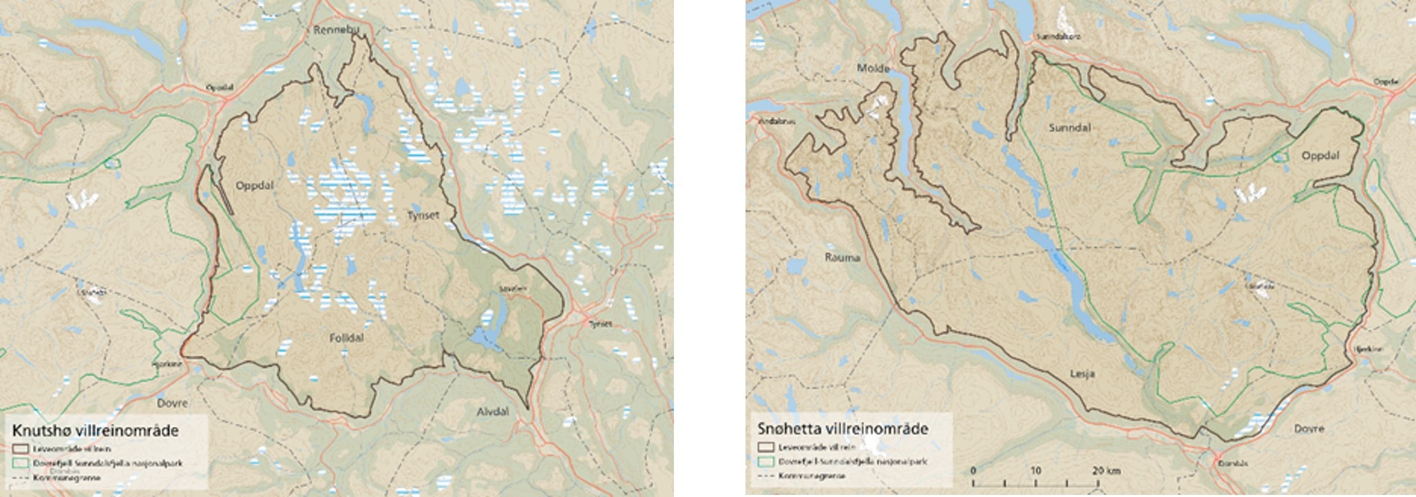 Kart som viser de to villreinområdene Knutshø og Snøhetta på Dovre med kommuner. Kartene er utarbeidet av 2086 moh. Villreinområdene.jpg