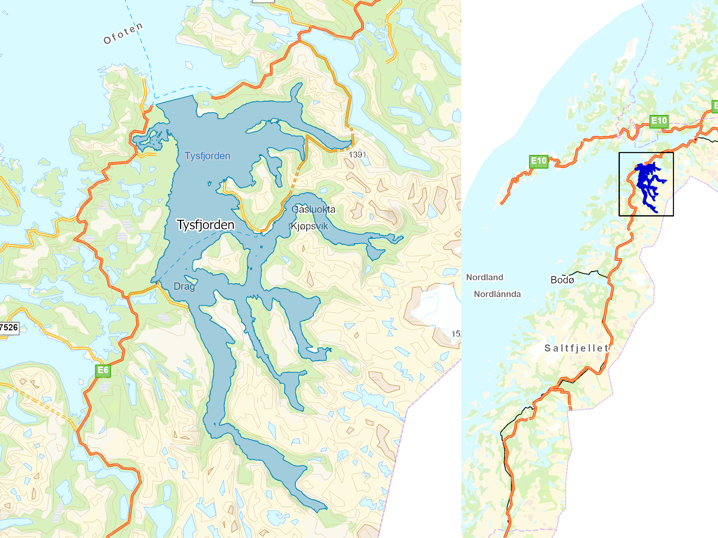 Kart over Tysfjorden og Nordland der området som skal utredes er markert.