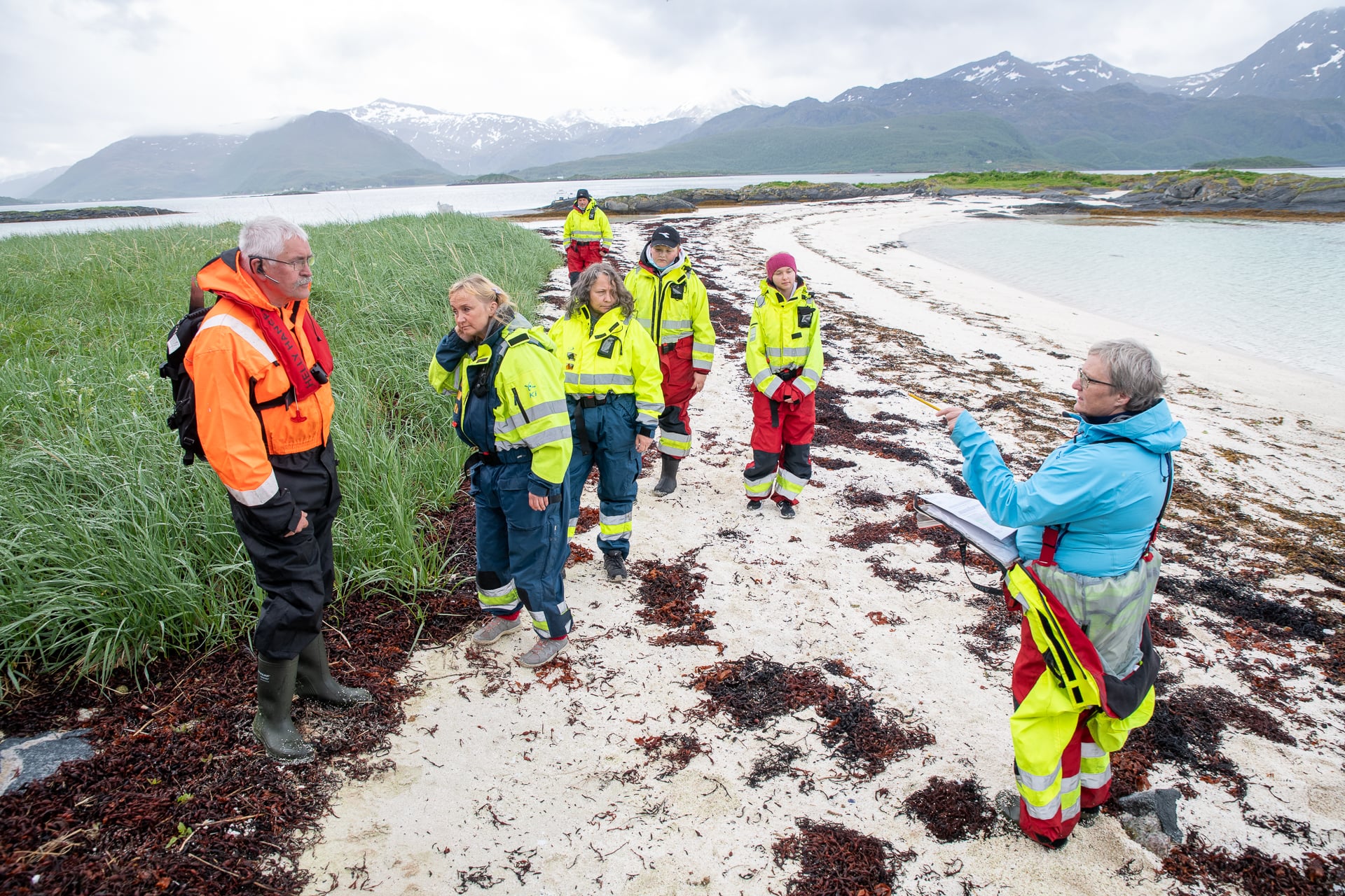 I juni var det befaring og litt arbeid på Bergsøyan. Fra venstre Roy Willy Hansen, Lill Eilertsen, Wenche Pedersen, Markus Imanuel Knudsen Wang og Kaja Elise Kulsvehagen. Til høyre seniorrådgiver Ann-Heidi Johansen hos Statsforvalteren.