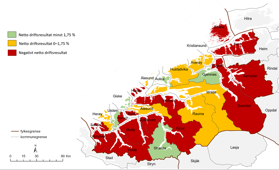 Raude kommunar med negativt netto driftsresultat: Vanylven, Sande, Volda, Ørsta, Sykkylven, Sula, Hareid, Fjord, Vestnes, Haram, Sunndal, Surnadal, Aure, Tingvoll og Smøla. 
Driftsresultat mellom 0-1,75 prosent er farga oransje: Herøy, Ålesund, Rauma, Molde, Hustadvika, Averøya og Kristiansund. 
Grøne kommunar har netto driftsresultat over 1,75 prosent: Stranda, Ulstein, Giske, Aukra og Gjemnes.