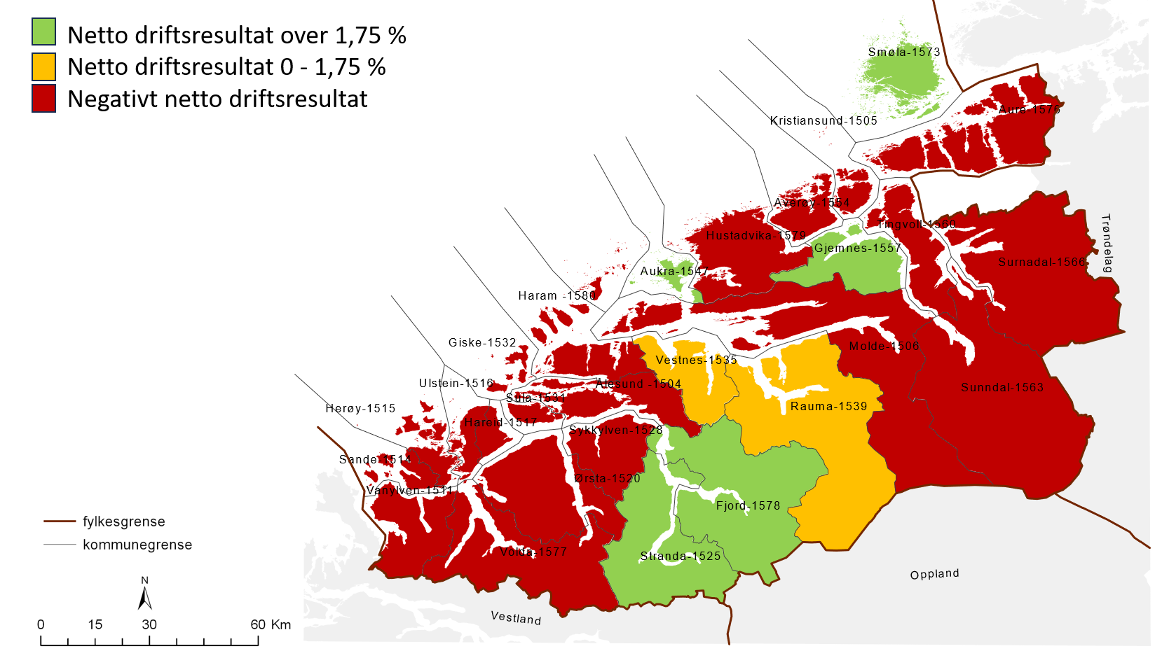 Viser kart over 19 raude kommunar i Møre og Romsdal som har negativt drifstresultat i 2024. 