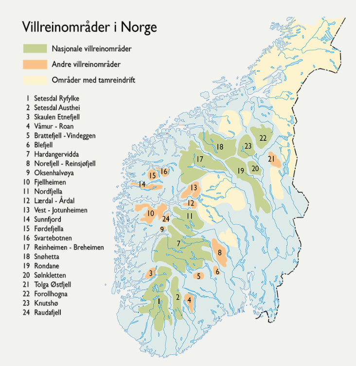 Kart over villreinområda i Sør-Noreg. Les meir om dei enkelte områda ved å følgje lenkja til høgre. 