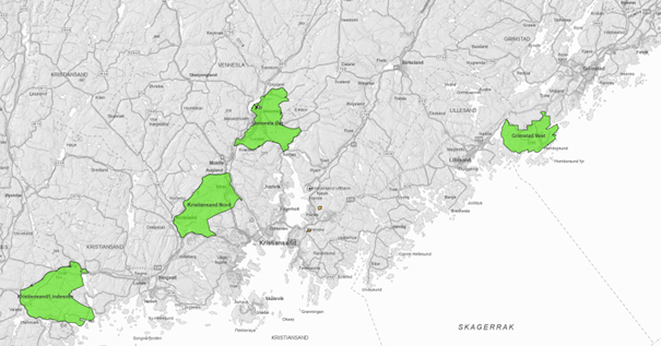 Kart med avmerking av hvilke områder som skal kartlegges i løpet av 2023. Områdene ligger i Lindesnes, Kristiansand, Vennesla og Grimstad kommuner. 
