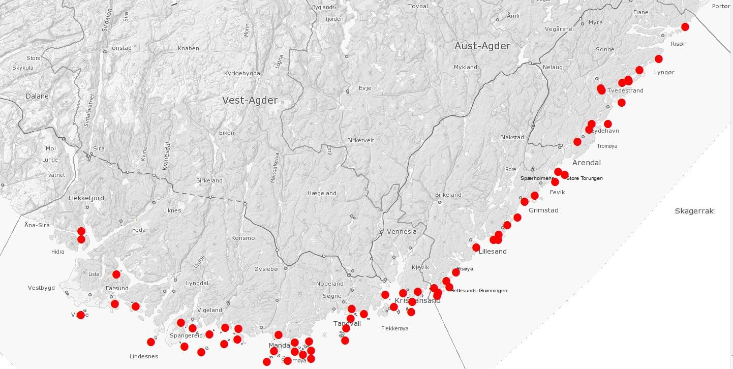 Kart som viser sjøfuglreservatene langs kysten i Aust- og Vest-Agder. Klikk på kartet for å gå til Naturbase der du kan zoom inn på ønsket reservat og lese mer om området. Kart som viser plasseringen av sjøfuglreservatene langs kysten i Aust- og Vest-Agder.
