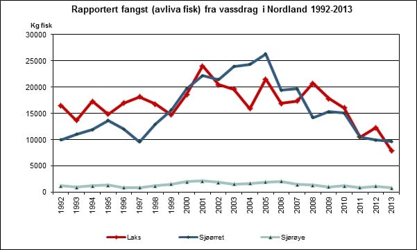 Graf: Fylkesmannen i Nordland Graf over rapportert fangst fra vassdrag i Nordland 1992-2013