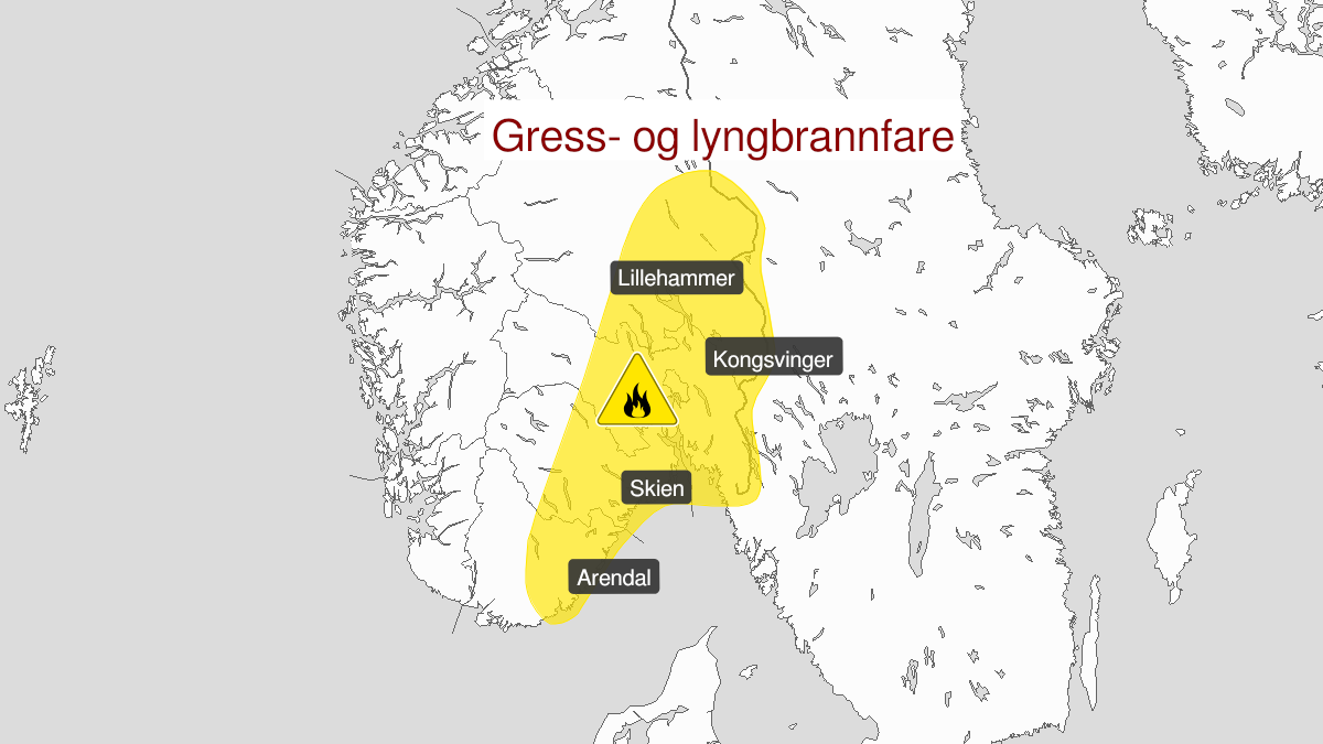 Kart som viser at det er stor gress- og lyngbrannfare. Varsel fra Meteorologisk Institutt for deler av Agder og Østlandet.