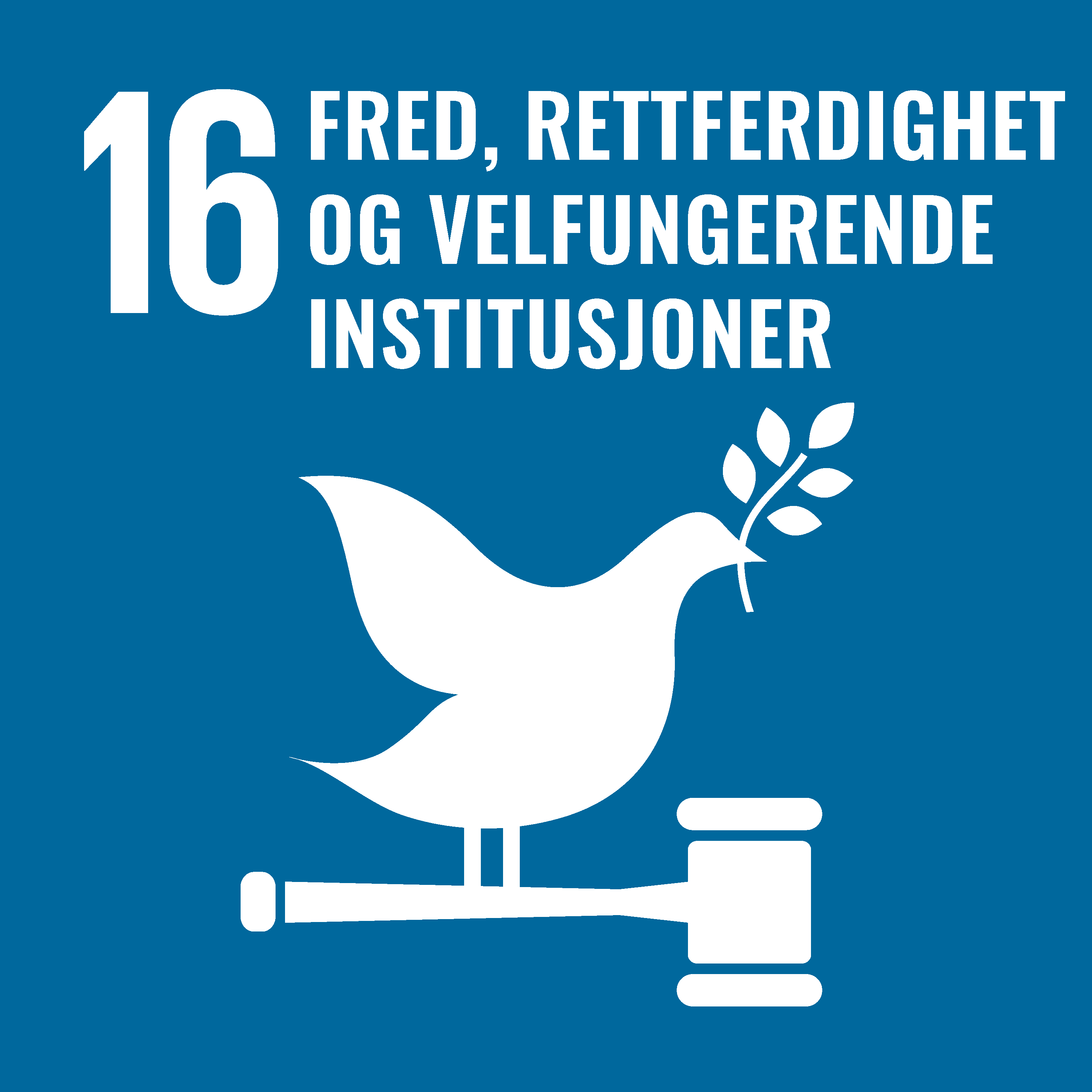 FNs bærekraftsmål nr 16: Fremme fredelige og inkluderende samfunn for bærekraftig utvikling, sørge for tilgang til rettsvern for alle og bygge velfungerende, ansvarlige og inkluderende institusjoner på alle nivåer.