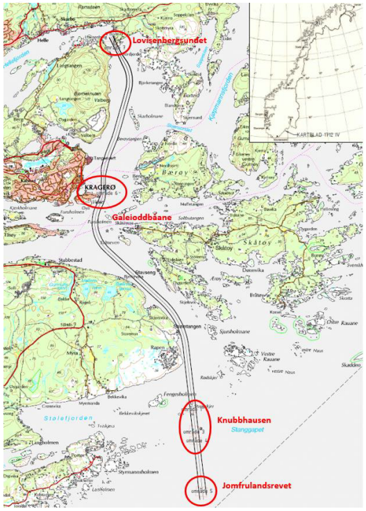 Bilde viser farleden for skipstrafikk til Kragerø og Hellefjorden
