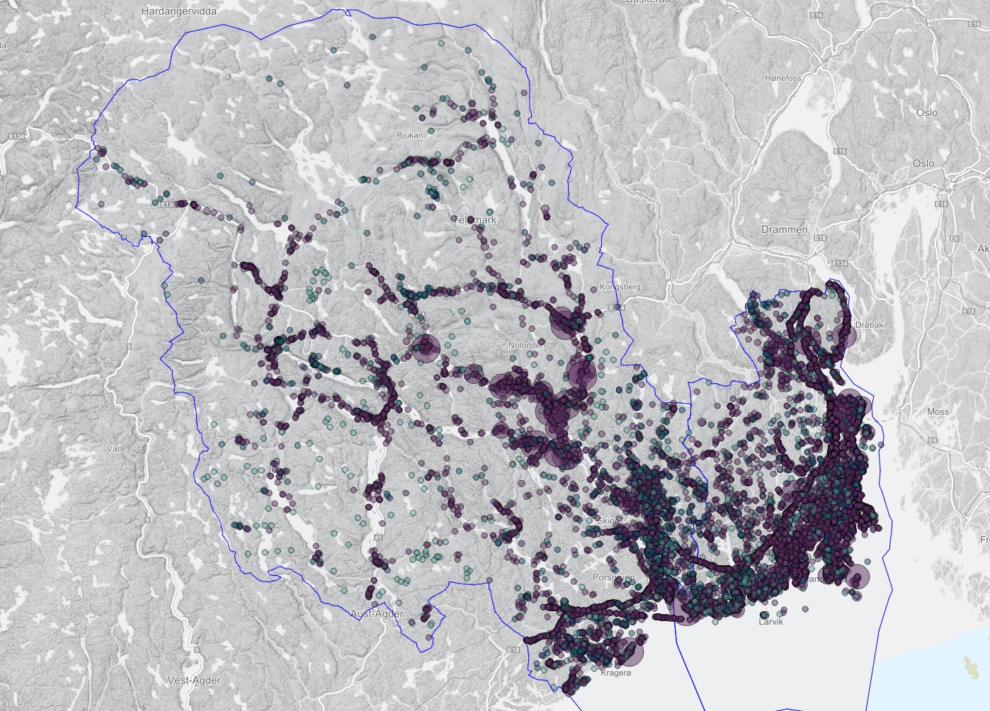 Kart som viser utbredelse av fremmede arter i kategoriene lav, høy, potensielt høy og svært høy risiko for norsk natur Kart som viser utbredelse av fremmede arter i kategoriene lav, høy, potensielt høy og svært høy risiko for norsk natur