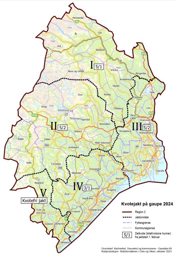 Kart over jaktområdene for gaupe i rovviltregion 2. Kvote/hunndyrkvote er angitt i hvit tekstboks i hvert jaktområde.