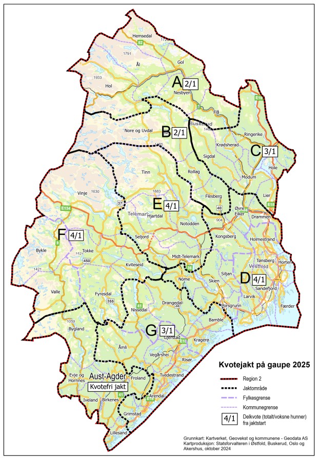 Kart over jaktområdene for gaupe i rovviltregion 2. Kvote/hunndyrkvote er angitt i hvit tekstboks i hvert jaktområde. Foto: Statsforvalteren i Oslo og Viken.